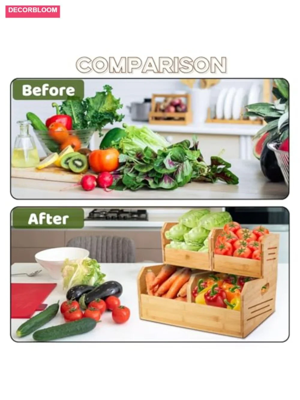 Bamboo Stackable Storage Bins 4 Compartment Pantry Organizer Set